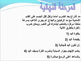 ‫مد الذراع بعد الضرب أماما ونقل ثقل الجسم على القدم‬
‫المامية مع مد الركبتين والجذع. ثم يجرى اللعب بسرعة‬
   ‫متخذا مركزه بالملعب ليشارك في اللعب. ويمكن ضرب‬
                                  ‫:الكرة بالطرق التية‬
                                        ‫.بكلوة اليد )1‬
                                       ‫.بقبضة اليد )2‬
                              ‫.أن تكون اليد فنجالية )3‬
 ‫.بضم البهام بجوار السبابة وضرب الكرة بسيف اليد )4‬
                      ‫.بالساعد أعلى الرتسغ مباشرة )5‬
 