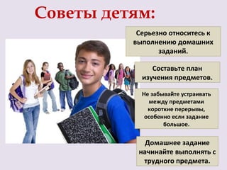 Советы детям:
           Серьезно относитесь к
          выполнению домашних
                 заданий.

               Составьте план
            изучения предметов.

            Не забывайте устраивать
              между предметами
              короткие перерывы,
             особенно если задание
                   большое.

             Домашнее задание
           начинайте выполнять с
            трудного предмета.
 