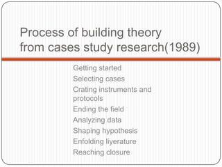 Process of building theory
from cases study research(1989)
         Getting started
         Selecting cases
         Crating instruments and
         protocols
         Ending the field
         Analyzing data
         Shaping hypothesis
         Enfolding liyerature
         Reaching closure
 