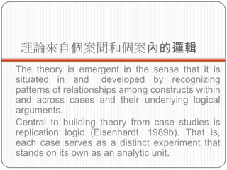 ՓԂg͂ȵ߉݋
The theory is emergent in the sense that it is
situated in and developed by recognizing
patterns of relationships among constructs within
and across cases and their underlying logical
arguments.
Central to building theory from case studies is
replication logic (Eisenhardt, 1989b). That is,
each case serves as a distinct experiment that
stands on its own as an analytic unit.
 