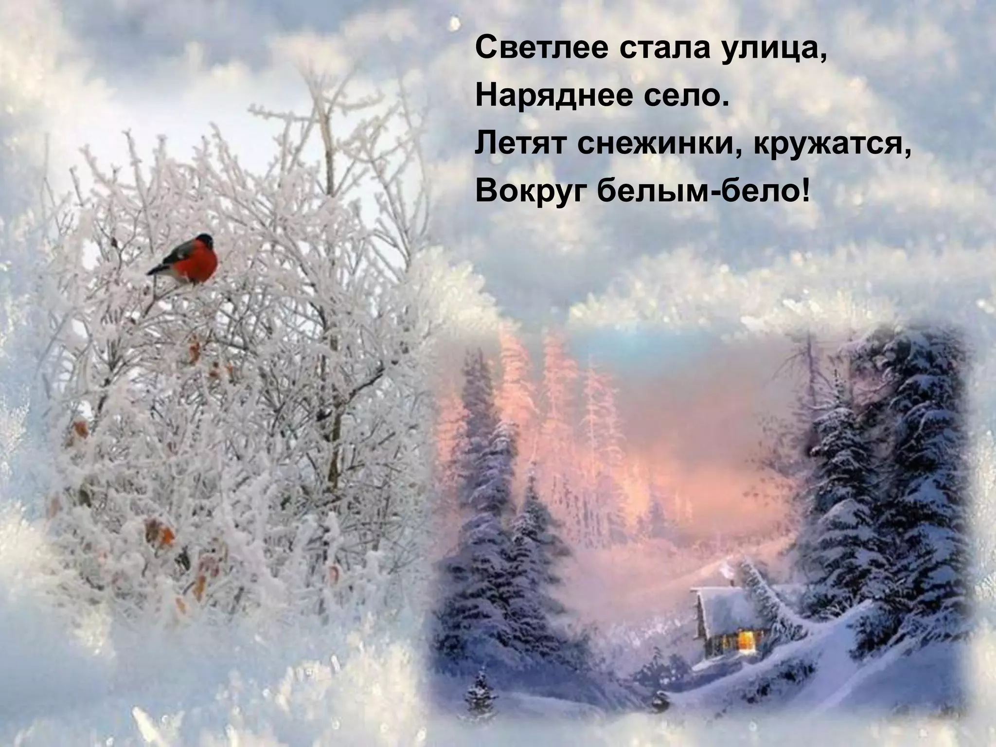 Светлее стала улица,
Наряднее село.
Летят снежинки, кружатся,
Вокруг белым-бело!
 