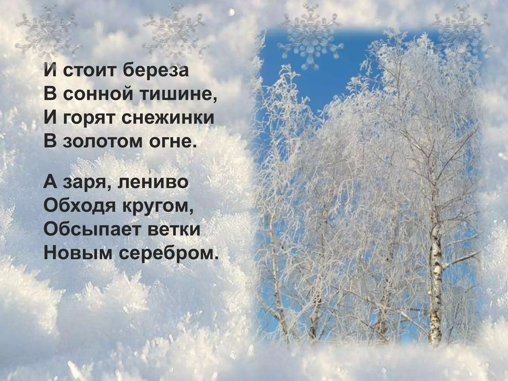 И стоит береза
В сонной тишине,
И горят снежинки
В золотом огне.

А заря, лениво
Обходя кругом,
Обсыпает ветки
Новым серебром.
 