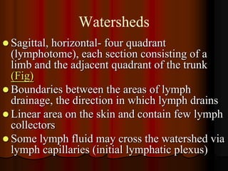 Watersheds
 Sagittal,horizontal- four quadrant
  (lymphotome), each section consisting of a
  limb and the adjacent quadrant of the trunk
  (Fig)
 Boundaries between the areas of lymph
  drainage, the direction in which lymph drains
 Linear area on the skin and contain few lymph
  collectors
 Some lymph fluid may cross the watershed via
  lymph capillaries (initial lymphatic plexus)
 