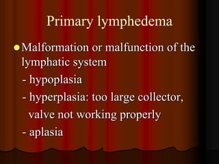 Primary lymphedema
 Malformation  or malfunction of the
 lymphatic system
 - hypoplasia
 - hyperplasia: too large collector,
   valve not working properly
 - aplasia
 