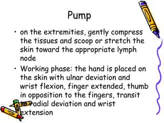 Pump
• on the extremities, gently compress
  the tissues and scoop or stretch the
  skin toward the appropriate lymph
  node
• Working phase: the hand is placed on
  the skin with ulnar deviation and
  wrist flexion, finger extended, thumb
  in opposition to the fingers, transit
  to radial deviation and wrist
  extension
 