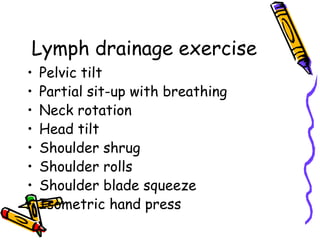 Lymph drainage exercise
•   Pelvic tilt
•   Partial sit-up with breathing
•   Neck rotation
•   Head tilt
•   Shoulder shrug
•   Shoulder rolls
•   Shoulder blade squeeze
•   Isometric hand press
 