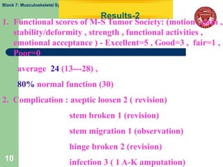Block 7: Musculoskeletal System

                             Results-2
1. Functional scores of M-S Tumor Society: (motion , pain ,
   stability/deformity , strength , functional activities ,
   emotional acceptance ) - Excellent=5 , Good=3 , fair=1 ,
   Poor=0
      average 24 (13---28) ,
      80% normal function (30)
2. Complication : aseptic loosen 2 ( revision)
                              stem broken 1 (revision)
                              stem migration 1 (observation)
                              hinge broken 2 (revision)
 10                           infection 3 ( 1 A-K amputation)
 