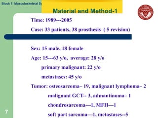 Block 7: Musculoskeletal System

                                  Material and Method-1
                  Time: 1989---2005
                  Case: 33 patients, 38 prosthesis ( 5 revision)


                  Sex: 15 male, 18 female
                  Age: 15---63 y/o, average: 28 y/o
                         primary malignant: 22 y/o
                         metastases: 45 y/o
                  Tumor: osteosarcoma– 19, malignant lymphoma– 2
                             malignant GCT-- 3, admantinoma– 1
                             chondrosarcoma—1, MFH—1
  7                          soft part sarcoma—1, metastases--5
 