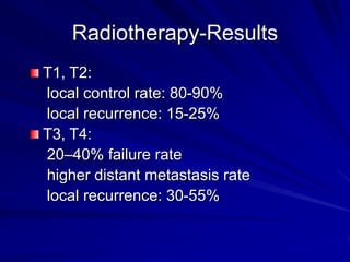 Radiotherapy-Results
T1, T2:
local control rate: 80-90%
local recurrence: 15-25%
T3, T4:
20–40% failure rate
higher distant metastasis rate
local recurrence: 30-55%
 