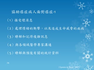 協助癌症病人面對癌症-1
（1）接受壞消息

（2）處理情緒的衝擊，以及造成生命威脅的疾病

（3）瞭解和記得複雜訊息

（4）與各領域醫學專家溝通

（5）瞭解與預後有關的統計資料

24
                    （Epstein & Street, 2007)
 