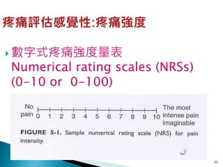  數字式疼痛強度量表
Numerical rating scales (NRSs)
(0-10 or 0-100)




                                 23
 