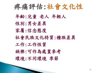 疼痛評估:社會文化性
年齡:兒童 老人 年輕人
性別:男女差異
家屬:信念態度
社會民族文化特質:種族差異
工作:工作性質
娛樂:可作為處置參考
環境:不同環境 季節

                38
 