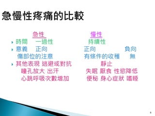 急性         慢性
   時間 一過性        持續性
   意義 正向        正向      負向
    傷部位的注意       有條件的收穫   無
   其他表現 逃避或對抗      靜止
     瞳孔放大 出汗     失眠 厭食 性慾降低
     心跳呼吸次數增加    便秘 身心症狀 嗜睡




                              8
 