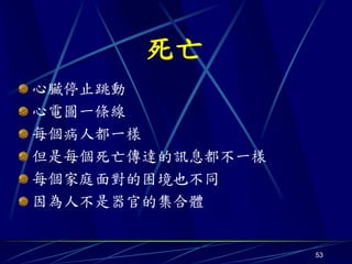 死亡
心臟停止跳動
心電圖一條線
每個病人都一樣
但是每個死亡傳達的訊息都不一樣
每個家庭面對的困境也不同
因為人不是器官的集合體


                  53
 