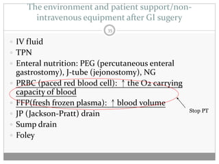 The environment and patient support/non-
         intravenous equipment after GI sugery
                            35

 IV fluid
 TPN
 Enteral nutrition: PEG (percutaneous enteral
    gastrostomy), J-tube (jejonostomy), NG
   PRBC (paced red blood cell): ↑the O2 carrying
    capacity of blood
   FFP(fresh frozen plasma): ↑blood volume
                                                    Stop PT
   JP (Jackson-Pratt) drain
   Sump drain
   Foley
 