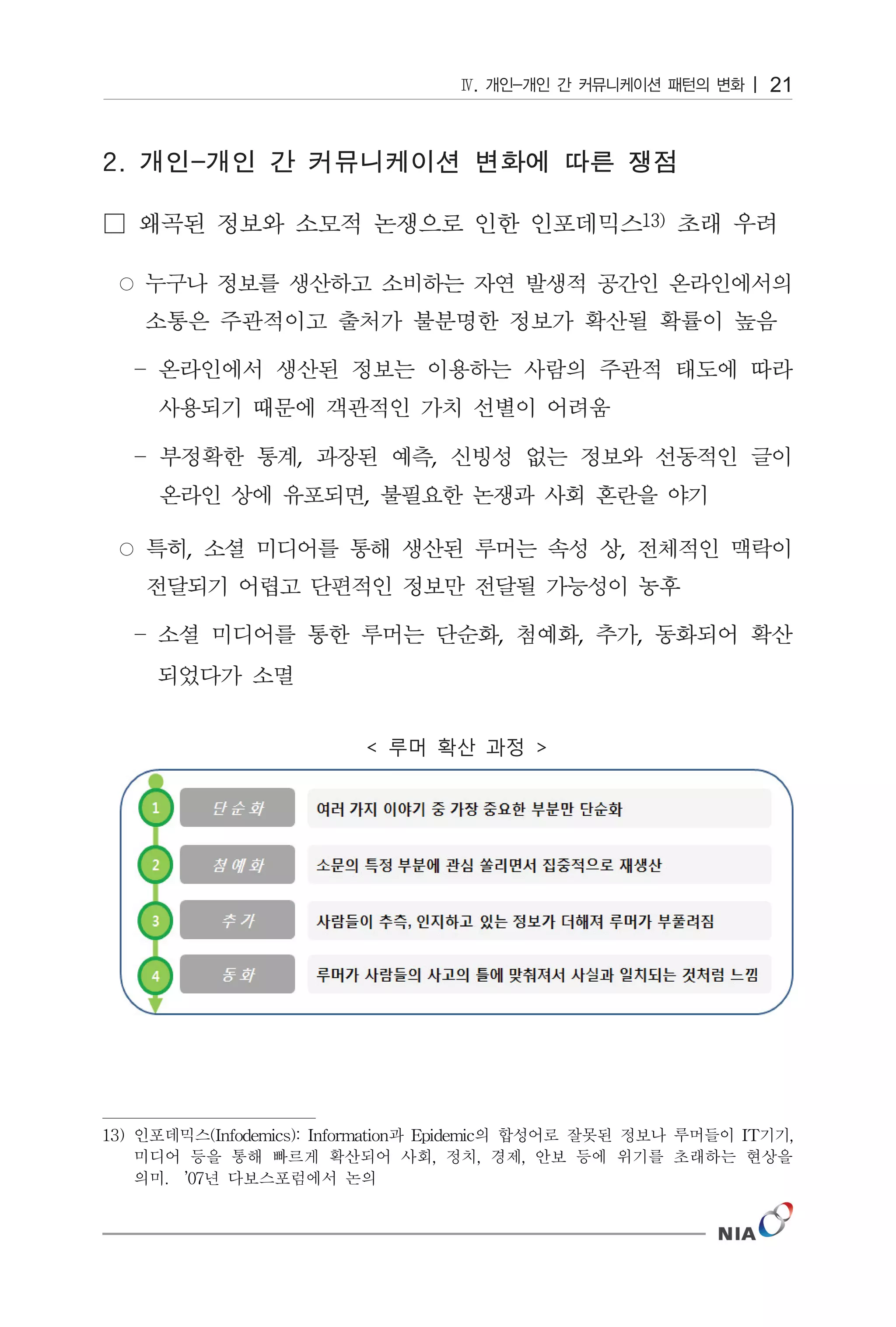 21




                   ,            ,
                          ,

        ,                                          ,


                                       ,       ,       ,




13) 인포데믹스(Infodemics): Information과 Epidemic의 합성어로 잘못된 정보나 루머들이 IT기기,
    미디어 등을 통해 빠르게 확산되어 사회, 정치, 경제, 안보 등에 위기를 초래하는 현상을
    의미. ’07년 다보스포럼에서 논의
 