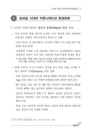 1



 Ⅰ         모바일 시대의 커뮤니케이션 환경변화




     ‘                             PC’                  ’12   9
     3                     1)


                                                              ,
                                                ·




           ,           ,                            ,     ,
                               (Ubiquity)

                                                              ,
     App,          ,

     TV,           ,       ,




                                            ,


               ,




1) 출처: 방송통신위원회(2012. 09), ‘스마트폰 9월 보급 현황’
 
