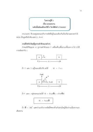11


                                         ใบความรูที่ 1
                                     เรื่อง แรงและงาน
                      ระดับชั้นมัธยมศึกษาปที่ 4 วิชาฟสิกส 2 (ว30202)

        งาน (work) คือ ผลคูณของแรงกับการขจัดที่อยูในแนวเดียวกันเปนปริมาณสเกลลาร มี
หนวย เปนจูลหรือนิวตัน-เมตร (J , N-m)

       งานที่เกิดกับวัตถุที่ถูกกระทําดวยแรงตางๆ
       กําหนดใหวัตถุมวล m ถูกกระทําดวยแรง F เคลื่อนที่บนพื้นราบเกลี้ยงจาก A ไป B ได
การขจัดเทากับ s




       ถา F และ S อยูในแนวเดียวกัน จะได          W = Fxs




       ถา F และ s อยูคนละแนวจะได W = (Fcosθ)s + (Fsinθ)0

                               W = Fscosθ

       ถา θ = 1800 แสดงวาแรงกับการขจัดมีทิศตรงขามกันสวนใหญไดแกงานเนื่องจากแรง
เสียดทาน
 