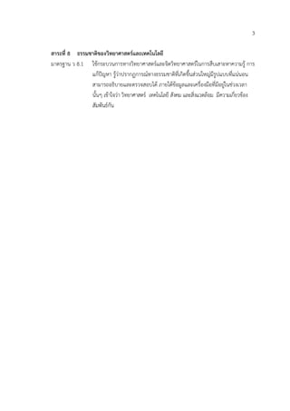 3

สาระที่ 8 ธรรมชาติของวิทยาศาสตรและเทคโนโลยี
มาตรฐาน ว 8.1 ใชกระบวนการทางวิทยาศาสตรและจิตวิทยาศาสตรในการสืบเสาะหาความรู การ
               แกปญหา รูวาปรากฏการณทางธรรมชาติที่เกิดขึ้นสวนใหญมีรูปแบบที่แนนอน
               สามารถอธิบายและตรวจสอบได ภายใตขอมูลและเครื่องมือที่มีอยูในชวงเวลา
               นั้นๆ เขาใจวา วิทยาศาสตร เทคโนโลยี สังคม และสิ่งแวดลอม มีความเกี่ยวของ
               สัมพันธกัน
 