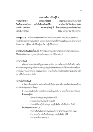 46

                                    แผนการจัดการเรียนรูที่ 4
รายวิชาฟสิกส 2                    รหัสวิชา ว30202                    กลุมสาระการเรียนรูวิทยาศาสตร
โรงเรียนกระแชงวิทยา ระดับชั้นมัธยมศึกษาปที่ 4                         ภาคเรียนที่ 2 ปการศึกษา 2555
สาระที่ 5 : พลังงาน                      หนวยการเรียนรู ที่ 1 ชื่อหนวยยอย กฎการอนุรักษพลังงาน
เวลา 2.00 ชั่วโมง                                                   ผูสอน ครูยุพวรรณ ตรีรัตนวิชชา
………………………………………………………………………………………………………………………………………………
มาตรฐาน ว 5.1 เขาใจความสัมพันธระหวางพลังงานกับการดํารงชีวิต การเปลี่ยนแปลงพลังงาน
ปฏิสัมพันธระหวางสารและพลังงาน ผลของการใชพลังงานตอสิ่งมีชีวิตและสิ่งแวดลอม มีกระบวนการ
สืบเสาะหาความรู สื่อสารสิ่งที่เรียนรูและนําความรูไปใชประโยชน

มาตรฐานการเรียนรูชวงชั้น ม.4-6 สํารวจตรวจสอบและอธิบายความหมายของงาน พลังงานศักย
โนมถวง พลังงานจลน กฎการอนุรักษพลังงานและการนําไปใชประโยชน

สาระการเรียนรู
          พลังงานตางๆของวัตถุจะไมสูญหาย แตอาจเปลี่ยนรูปจากพลังงานหนึ่งเปนอีกพลังงานหนึ่ง
ซึ่งเปนไปตามกฎการอนุรักษพลังงานกล กฎการอนุรักษพลังงานกลสามารถใชวิเคราะหการเคลื่อนที่
ตางๆ เชน การเคลื่อนที่แบบวงกลมในระนาบดิ่ง การเคลื่อนที่ของวัตถุที่ติดสปริง การเคลื่อนที่ภายใต
สนามโนมถวงของโลก เปนตน

จุดประสงคการเรียนรู
       1. วิเคราะหความสัมพันธระหวางพลังงานศักยโนมถวงและพลังงานจลนของวัตถุและอธิบาย
ความสัมพันธของพลังงานทั้งสอง
       2. ใชกฎการอนุรักษพลังงานกลอธิบายการเปลี่ยนรูปพลังงาน พรอมทั้งยกตัวอยางประกอบ
       ดานความรู (K)
                - อธิบายเกี่ยวกับกฎการอนุรักษพลังงานได
                - ถายทอดความรูใหแกสมาชิกในกลุมได
                - ประยุกตใชความรูเกี่ยวกับกฎการอนุรักษพลังงานในชีวิตประจําวันได
       ดานทักษะกระบวนการ (P)
                - หาความสัมพันธของพลังงานรูปแบบตางๆตามกฎการอนุรักษพลังงานได
                - คํานวณหาปริมาณที่เกี่ยวของกับกฎการอนุรักษพลังงานได
                - สื่อสารและสื่อความหมายได
 