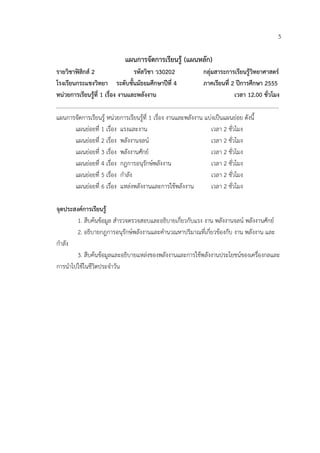 5

                             แผนการจัดการเรียนรู (แผนหลัก)
รายวิชาฟสิกส 2                   รหัสวิชา ว30202             กลุมสาระการเรียนรูวิทยาศาสตร
โรงเรียนกระแชงวิทยา ระดับชั้นมัธยมศึกษาปที่ 4                 ภาคเรียนที่ 2 ปการศึกษา 2555
หนวยการเรียนรูที่ 1 เรื่อง งานและพลังงาน                                    เวลา 12.00 ชั่วโมง
………………………………………………………………………………………………………………………………………………
แผนการจัดการเรียนรู หนวยการเรียนรูที่ 1 เรื่อง งานและพลังงาน แบงเปนแผนยอย ดังนี้
        แผนยอยที่ 1 เรื่อง แรงและงาน                              เวลา 2 ชั่วโมง
        แผนยอยที่ 2 เรื่อง พลังงานจลน                            เวลา 2 ชั่วโมง
        แผนยอยที่ 3 เรื่อง พลังงานศักย                           เวลา 2 ชั่วโมง
        แผนยอยที่ 4 เรื่อง กฎการอนุรักษพลังงาน                   เวลา 2 ชั่วโมง
        แผนยอยที่ 5 เรื่อง กําลัง                                 เวลา 2 ชั่วโมง
        แผนยอยที่ 6 เรื่อง แหลงพลังงานและการใชพลังงาน           เวลา 2 ชั่วโมง

จุดประสงคการเรียนรู
        1. สืบคนขอมูล สํารวจตรวจสอบและอธิบายเกี่ยวกับแรง งาน พลังงานจลน พลังงานศักย
        2. อธิบายกฎการอนุรักษพลังงานและคํานวณหาปริมาณที่เกี่ยวของกับ งาน พลังงาน และ
กําลัง
        3. สืบคนขอมูลและอธิบายแหลงของพลังงานและการใชพลังงานประโยชนของเครื่องกลและ
การนําไปใชในชีวิตประจําวัน
 