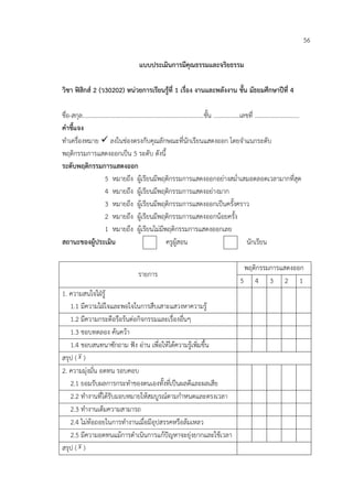 56

                                              แบบประเมินการมีคุณธรรมและจริยธรรม

วิชา ฟสิกส 2 (ว30202) หนวยการเรียนรูที่ 1 เรื่อง งานและพลังงาน ชั้น มัธยมศึกษาปที่ 4

ชื่อ-สกุล...............................................................................ชัน .................เลขที่ .............................
                                                                                          ้
คําชี้แจง
ทําเครื่องหมาย  ลงในชองตรงกับคุณลักษณะที่นักเรียนแสดงออก โดยจําแนกระดับ
พฤติกรรมการแสดงออกเปน 5 ระดับ ดังนี้
ระดับพฤติกรรมการแสดงออก
                        5 หมายถึง ผูเรียนมีพฤติกรรมการแสดงออกอยางสม่ําเสมอตลอดเวลามากที่สุด
                        4 หมายถึง ผูเรียนมีพฤติกรรมการแสดงอยางมาก
                        3 หมายถึง ผูเรียนมีพฤติกรรมการแสดงออกเปนครั้งคราว
                        2 หมายถึง ผูเรียนมีพฤติกรรมการแสดงออกนอยครั้ง
                        1 หมายถึง ผูเรียนไมมีพฤติกรรมการแสดงออกเลย
สถานะของผูประเมิน                                             ครูผูสอน                                       นักเรียน

                                                                                                            พฤติกรรมการแสดงออก
                                              รายการ
                                                                                                           5 4 3 2 1
1. ความสนใจใฝรู
   1.1 มีความใฝใจและพอใจในการสืบเสาะแสวงหาความรู
   1.2 มีความกระตือรือรนตอกิจกรรมและเรื่องอื่นๆ
   1.3 ชอบทดลอง คนควา
   1.4 ชอบสนทนาซักถาม ฟง อาน เพื่อใหไดความรูเพิ่มขึ้น
สรุป ( x )
2. ความมุงมั่น อดทน รอบคอบ
   2.1 ยอมรับผลการกระทําของตนเองทั้งที่เปนผลดีและผลเสีย
   2.2 ทํางานที่ไดรับมอบหมายใหสมบูรณตามกําหนดและตรงเวลา
   2.3 ทํางานเต็มความสามารถ
   2.4 ไมทอถอยในการทํางานเมื่อมีอุปสรรคหรือลมเหลว
   2.5 มีความอดทนแมการดําเนินการแกปญหาจะยุงยากและใชเวลา
สรุป ( x )
 