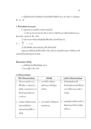 60

        5. ครูใหนักเรียนทําแบบฝกหัดทายบทในหนังสือเรียนฟสิกส เลม 2 คําถามขอ 17 และปญหา
ขอ 25 - 28

5. ขั้นประเมินผล (Evaluate)
         5. ครูนําอภิปราย สรุปเนื้อหา ดวยคําถามตอไปนี้
            1) กําลัง หมายความวาอยางไร (อัตราการทํางาน หรือปริมาณงานที่ทําตอหนึ่งหนวยเวลา
มีหนวยเปน จูล/วินาที หรือ วัตต)
         2) จะสามารถหากําลังของวัตถุที่เคลื่อนที่ดวยอัตราเร็วคงที่ ไดอยางไร
          W
(P =            = F.vav)
          t
        3) เครื่องใชไฟฟา มีหนวยเปนอะไร (วัตต หรือกิโลวัตต)
        ครูมอบหมายใหนักเรียนไปศึกษาเนื้อหา เรื่อง เครื่องกล แหลงพลังงานและการใชพลังงาน ซึ่ง
จะเรียนในชั่วโมงเรียนตอไปมาลวงหนา


สื่อและแหลงการเรียนรู
        1. หนังสือเรียนวิชาฟสิกสเพิ่มเติม เลม 2
        2. ใบความรูที่ 5 เรื่อง กําลัง

การวัดและประเมินผล
   วิธีการวัดและประเมินผล                    เครื่องมือ              เกณฑการวัดและประเมินผล
1. สังเกต ความสนใจ ความ             1. แบบบันทึกการสังเกต         1. นักเรียนมีพฤติกรรมที่
    ตั้งใจเรียน การแสดงความ             พฤติกรรมการเรียนรูของ        พึงประสงคตามคาดหวังตั้งแต 3
    คิดเห็น การตอบคําถาม การ            นักเรียน                      รายการขึ้นไป ผานเกณฑการ
    มีสวนรวมและพฤติกรรม                                             ประเมิน
    การทํางาน

2. ประเมินการมีคุณธรรมและ           2. แบบประเมินการมีคุณธรรม     2. แสดงพฤติกรรมที่บงบอกถึงการ
    จริยธรรมที่นักเรียน                 และจริยธรรม                   มีคุณธรรมและจริยธรรมอยูใน
    แสดงออกในขณะที่มีการ                                              ระดับมาก
    เรียนรู
 
