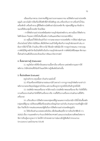 70

          -เมื่อมองในภาพรวม ประชาชนที่มีฐานะปานกลางและยากจน จะใชพลังงานอยางประหยัด
อยูแลว เพราะไมมีการใชเครื่องใชไฟฟาที่มีกําลังไฟฟาสูง เชน เครื่องปรับอากาศ เครื่องทําน้ํารอน
เครื่องซักผา เครื่องลางจาน ผูที่ใชพลังงานไฟฟาอยางไมประหยัด คือ กลุมคนที่มีฐานะ ตองมีการ
รณรงคใหคนกลุมนี้ประหยัด จึงจะไดผล
          - การใชพลังงานอยางประหยัดมีผลตอการอนุรักษแหลงพลังงาน เพราะเมื่อเราใชพลังงาน
ไฟฟานอยลง ก็จะลดการใชน้ํามันเชื้อเพลิง ถานหินและทรัพยากรธรรมชาติอื่นๆ
          10. ครูชี้และย้ําใหนักเรียนเขาใจวา ความหมายของการประหยัดคือ การใชอยางคุมคาและ
เปนประโยชน ไมใชการไมใชเลย เพื่อใหเกิดความเขาใจที่ถูกตองกับการอนุรักษธรรมชาติ เชน เรา
ตองการใชเกาอี้ โตะ บานเรือน ที่ทําจากไม ก็ตองมีการตัดไมมาใช การปลูกปาทดแทน การควบคุม
การตัดไมใหถูกหลักวิชาจึงเปนสิ่งที่จําเปนกับการอนุรักษธรรมชาติ การตัดสินใจที่มีเหตุผล พิจารณา
ทั้งสวนดี สวนเสียใหรอบคอบจึงจะเปนการคิดแบบวิทยาศาสตร

4. ขั้นขยายความรู (Elaborate)
         11. ครูเปดโอกาสใหนักเรียนสอบถามเนื้อหาเรื่อง เครื่องกล แหลงพลังงานและการใช
พลังงาน วามีสวนไหนที่ยังไมเขาใจและใหความรูเพิ่มเติมในสวนนั้น

5. ขั้นประเมินผล (Evaluate)
         ครูนําอภิปราย สรุปเนื้อหา ดวยคําถามตอไปนี้
         12. ทําไมเครื่องกลจึงไมสามารถผอนงานได (เพราะวา จากกฎการอนุรักษพลังงานกลาววา
พลังงานรวมของวัตถุจะไมสูญหายไปไหน แตอาจเปลี่ยนรูปจากรูปหนึ่งไปเปนอีกรูปหนึ่งได)
         13. ประสิทธิภาพของเครื่องกล หาไดจากอะไร (ประสิทธิภาพของเครื่องกล คือ กําลังที่ไดรับ
จากเครื่องกล สวนดวยกําลังที่ใหกับเครื่องกล หรือ งานที่ไดรับจากเครื่องกล สวนดวยงานที่ใหกับ
เครื่องกล)
         14. เปรียบเทียบการใชพลังงานของกลุมคนที่มีฐานะและยากจนในกรณีการใชน้ํามันเชื้อเพลิง
(กลุมคนที่มีฐานะ จะใชรถยนตที่มีเครื่องยนตขนาดใหญเกินความจําเปน สวนคนยากจนหรือผูมีรายได
นอย ก็จะใชบริการขนสงมวลชนของรัฐซึ่งเปนการใชพลังงานอยางประหยัดอยูแลว)
         15. ใหนักเรียนทําแบบทดสอบหลังเรียน เพื่อวัดผลสัมฤทธิ์ทางการเรียนวิชาฟสิกส 2 (ว
30202) เรื่อง งานและพลังงาน ทําแบบวัดจิตวิทยาศาสตร และแบบประเมินความพึงพอใจตอการ
จัดการเรียนรูแบบบูรณาการ โดยใชการจําลองสถานการณแบบมีปฏิสัมพันธ (Interactive
Simulations) และโปรแกรม SCILAB
 