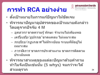 การทํา RCA อย่างง่าย
    ั้ ้            ้ ั     ้ ั
• ตงเปาหมายในการแกปญหาใหชดเจน
• พิจารณาปัญหาอุปสรรคของเปาหมายด ังกล่าว
                          ้
  โดยดจากปจจ ัย 4 M
         ู ั
  – บ ค ลากร ขาดความรู ้ ท ักษะ จํานวนไม่เพียงพอ
      ุ
  – เคร อ งม อ / อ ป กรณ ์ ขาดแคลน ไมเหมาะสม
        ื่     ื   ุ                 ่
  – ระเบ ย บ/ กฎเกณ ฑ ์ ไม่มระเบียบ ระบบทีมอยูไม่
           ี                  ี            ่ ี ่
    เหมาะสม
  – การจ ัดการ ขาดการประสานงาน ขาดการติดตาม
    ประเมนผล ิ
• พจารณาสาเหตของแตละปญหาดวยคาถาม
     ิ        ุ     ่ ั     ้   ํ
   ํ    ึ ็  ่ ั้
  ทาไมจงเปนเชนนน (5 whys) จนกวาจะได ้
                              ่
  สาเหตุราก                                         34
 