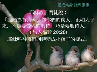耶穌教訓門徒說：
「誰願為首，就必作你們的僕人，正如人子
來，不是要受人的服侍，乃是要服侍人。」
      ( 馬太福音 20:28)
 耶穌呼召我們回轉變成小孩子的樣式。
 