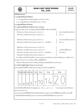 SIAM CAST IRON WORKS                                                S.O.P.
                                           CO., LTD.                                                    DS73012
5.ตัวอักษร(Lettering)
5.1 มาตรฐานตัวอักษรจะอางอิงตาม
   5.1.1) มาตรฐานตัวอักษรภาษาอังกฤษจะยึดตาม ISO 3098 :1997(E)
   5.1.2) มาตรฐานตัวอักษรภาษาไทยจะยึดตาม มอก. 210-2520
5.2 มาตรฐานตัวอักษรภาษาอังกฤษ
5.2.1 รูปแบบของตัวอักษรภาษาอังกฤษ (Type of lettering)
มาตรฐาน ISO 3098:1997(E) กําหนดรูปแบบของตัวอักษรที่ใชในงานเขียนแบบดังตอไปนี้
    - ตัวอักษรแบบ A ตัวตรง (lettering type A, Vertical ( V ) )                          ขนาดตางของตัวอักรระบุในตาราง
    - ตัวอักษรแบบ A ตัวเอียง (lettering type A, Sloped ( S ) )                          ที่ 5.2.3-1

   - ตัวอักษรแบบ B ตัวตรง (lettering type B, Vertical ( V ) )                           ขนาดตางของตัวอักรระบุในตาราง
   - ตัวอักษรแบบ B ตัวเอียง (lettering type B, Sloped ( S ) ) (นิยมใชงาน)              ที่ 5.2.3-2

    - ตัวอักษรแบบ CA ตัวตรง (lettering type A, Vertical ( V ) )
    - ตัวอักษรแบบ CA ตัวเอียง (lettering type A, Sloped ( S ) )                      แบบตัวอักษรที่ใชใน CAD
    - ตัวอักษรแบบ CB ตัวตรง (lettering type B, Vertical ( V ) ) (นิยมใชงาน)         (ISO 3098-5)
    - ตัวอักษรแบบ CB ตัวเอียง (lettering type B, Sloped ( S ) )
    ในการเขียนแบบโดยทั่วไปจะนิยมใชงาน (preferred application) ตัวอักษรแบบ B ตัวตรง ตัวอักษรแบบ A จะมีขนาดความ
กวางแคบกวาและบางกวาแบบ B จึงเหมาะใชในแบบที่มีเนื้อที่จํากัด
    ตัวอักษรแบบเอียงจะเหมาะสําหรับการเขียนแบบดวยมือ ดูรายละเอียดไดใน ISO 3098:1997(E)
5.2.2 ขนาดความสูงมาตรฐาน (Range of nominal sizes)
ขนาดความสูงตัวอักษรที่ใชในงานเขียนแบบตามมาตรฐาน ISO 3098 (หนวยมิลลิเมตร)




 ขนาดตัวหนังสือจะโตขึ้นเปนลําดับตามผลคูณของ 2 (เชน1 . 8 × 2 ≈ 2 . 5            ) ตามมาตรฐานการขยายลําดับขนาด
 ของกระดาษ (ดู ISO 216)
 ขนาดความหนาของเสนที่ใชเขียนตัวอักษรจะตองสอดคลองกับมาตรฐานความหนาเสนที่ใชเขียนแบบโดยที่ความหนาเสนนี้
 จะตองใชกับทั้งตัวอักษรพิมพใหญ(upper-case letters)และและตัวอักษรพิมพเล็ก(lower-case letters)



                                                 22 / 101                    TQM25 ISSUED : 180898 REVISED : 091202 SPS
 