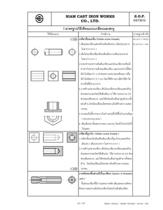 SIAM CAST IRON WORKS                                              S.O.P.
                      CO., LTD.                                                   DS73012
               7.มาตรฐานวิธีเขียนแบบเกลียวและสกรู
วิธีเขียนแบบ                                       คําอธิบาย                     มาตรฐานอางอิง
                         เกลียวที่มองเห็น (Visible screw threads)               ISO 6410-1:1993(E)
                         1.เสนยอดเกลียวแสดงดวยเสนเต็มหนา( เสนประเภท A BS 308 Part 1:1984
                            ในตาราง 4.4-1 )
                         2.เสนโคนเกลียวเขียนดวยเสนเต็มบาง(เสนประเภท B
                            ในตาราง 4.4-1 )
                         3.ระยะหางระหวางเสนสันเกลียวและโคนเกลียวจะตองมี
                           คาเทากับคาความลึกของฟนเกลียว และระยะหางนี้ตอง
                           มีคาไมนอยกวา 2 เทาของความหนาของเสนหนา หรือ
                           มีคาไมนอยกวา 0.7 mm โดยใหพิจารณาเลือกใชคาใด
                           คาหนึ่งที่มีคามากกวา
                         4.ภาพดานปลายเกลียว เสนโคนเกลียวจะเขียนแสดงดวย
                           สวนของวงกลมโดยใชเสนเต็มบาง ใหยาวประมาณ 3/4
                           สวนของเสนรอบวง และใหครอมทับเสนผาศูนยกลางทั้ง
                           สองดาน โดยนิยมเขียนเปดครอด-แร็นทดานขวาบนของ
                           วงกลม
                         5.วงกลมเปดนี้อาจจะวางในตําแหนงอื่นไดข้นกับแกนตัดรูป
                                                                      ึ
                            ( Intersecting axes )
                         6. เสนเต็มหนาที่แสดงวงกลม chamfer โดยทั่วไปจะเวนไว
                             ไมแสดง
                         เกลียวที่ถกบัง ( Hidden screw threads )
                                     ู
                         1.เกลียวที่มองไมเห็นหรือเสนเกลียวที่ถูกบังจะแสดงดวย
                            เสนประ ( เสนประเภท F ในตาราง 4.4-1 )
                         2.ภาพดานปลายเกลียว เสนโคนเกลียวจะเขียนแสดงดวย
                           สวนของวงกลมโดยใชเสนประ ใหยาวประมาณ 3/4 สวน
                           ของเสนรอบวง และใหครอมทับเสนผาศูนยกลางทั้งสอง
                           ดาน โดยนิยมเขียนเปดครอด-แร็นทดานขวาบนของ
                           วงกลม
                         ภาคตัดของชิ้นสวนทีเปนเกลียว( Section of threaded
                          part )
                            ชิ้นสวนเกลียวที่มีการแสดงภาคตัด เสนแสดงลายตัดจะ
                         ตองลากเลยผานเสนโคนเกลียวไปชนกับเสนสันเกลียว



                        42 / 101                   TQM25 ISSUED : 180898 REVISED : 091202 SPS
 