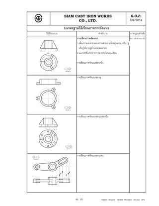SIAM CAST IRON WORKS                                         S.O.P.
                     CO., LTD.                                              DS73012
               8.มาตรฐานวิธีเขียนภาพการจัดแนว
วิธีเขียนแบบ                                คําอธิบาย                       มาตรฐานอางอิง
                       การเขียนภาพจัดแนว                                 ISO 128-44 2001(E)
                       1.เพื่อความสะดวกและความสวยงามจึงหมุนแขน, ครีบ, หู
                         หรือรูใหมาอยูตําแหนงสมมาตร
                       2.แนวจริงซึ่งเกิดจากการฉายจะไมนิยมเขียน

                       การเขียนภาพจัดแนวของครีบ



                       การเขียนภาพจัดแนวของหู




                       การเขียนภาพจัดแนวของรูและครีบ




                       การเขียนภาพจัดแนวของแขน




                      46 / 101                  TQM25 ISSUED : 180898 REVISED : 091202 SPS
 