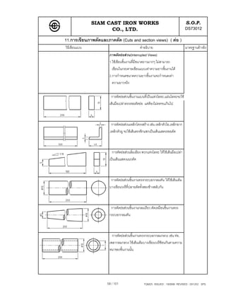 SIAM CAST IRON WORKS                                             S.O.P.
                     CO., LTD.                                                  DS73012
11.การเขียนภาพตัดและภาคตัด (Cuts and section views) ( ตอ )
วิธีเขียนแบบ                                 คําอธิบาย                          มาตรฐานอางอิง
                      ภาพตัดยอสวน(Interrupted Views)
                      1.ใชเขียนชิ้นงานที่มีขนาดยาวมากๆ ไมสามารถ
                        เขียนในกระดาษเขียนแบบเทาความยาวชิ้นงานได
                      2.การกําหนดขนาดความยาวชิ้นงานจะกําหนดเทา
                        ความยาวจริง

                       การตัดยอสวนชิ้นงานแบนที่เปนแทงโลหะ,แผนโลหะจะใช
                      เสนมือเปลาตรงรอยตัดยอ แตตองไมคดจนเกินไป



                        การตัดยอสวนเหล็กโครงสราง เชน เหล็กตัวไอ,เหล็กฉาก
                      ,เหล็กตัวยู จะใชเสนตรงซิกแซกเปนเสนแสดงรอยตัด



                        การตัดยอสวนลิ่มเอียง พวกแทงโลหะ ใหใชเสนมือเปลา
                      เปนเสนแสดงแนวตัด



                       การตัดยอสวนชิ้นงานทรงกระบอกกลมตัน ใหใชเสนเต็ม
                      บางเขียนวงรีที่ปลายตัดทั้งสองขางสลับกัน



                       การตัดยอสวนชิ้นงานกลมเรียว ตัดเหมือนชิ้นงานทรง
                      กระบอกกลมตัน



                        การตัดยอสวนชิ้นงานทรงกระบอกกลมกลวง เชน ทอ,
                      เพลากลมกลวง ใชเสนเต็มบางเขียนวงรีซอนกันตามความ
                      หนาของชิ้นงานนั้น




                     58 / 101                   TQM25 ISSUED : 180898 REVISED : 091202 SPS
 