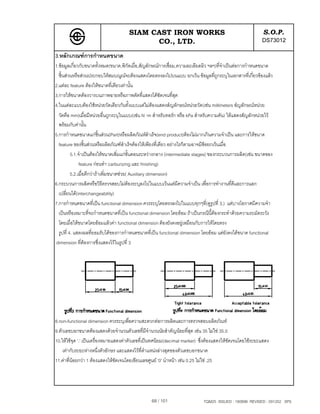 SIAM CAST IRON WORKS                                                 S.O.P.
                                            CO., LTD.                                                     DS73012
3.หลักเกณฑการกําหนดขนาด
1.ขอมูลเกี่ยวกับขนาดทั้งหมด(ขนาด,พิกัดเผื่อ,สัญลักษณการเชื่อม,ความละเอียดผิว ฯลฯ)ที่จําเปนตอการกําหนดขนาด
  ชิ้นสวนหรือสวนประกอบใหสมบณูณจะตองแสดงโดยตรงลงไปบนแบบ ยกเวน ขอมูลที่ถกระบุในเอกสารที่เกี่ยวของแลว
                                                                                  ู
2.แตละ feature ตองใหขนาดที่เดียวเทานั้น
3.การใหขนาดตองวางบนภาพฉายหรือภาพตัดที่แสดงไดชัดเจนที่สุด
4.ในแตละแบบตองใชหนวยวัดเดียวกันทั้งแบบแตไมตองแสดงสํญลักษณหนวยวัด(เชน millimeters สํญลักษณหนวย
  วัดคือ mm)เมื่อมีหนวยอื่นถูกระบุในแบบ(เชน N ⋅m สําหรับทอรก หรือ kPa สําหรับความดัน) ใหแสดงสัญลักหนวยไว
  พรอมกับคานั้น
5.การกําหนดขนาดแกชิ้นสวน(Part)หรือผลิตภัณหสําเร็จ(end product)ตองไมมากเกินความจําเปน และการใหขนาด
  feature ของชิ้นสวนหรือผลิตภัณฑสําเร็จตองใหเพียงที่เดียว อยางไรก็ตามอาจมีขอยกเวนเมื่อ
          5.1.จําเปนตองใหขนาดเพิ่มแกขั้นตอนระหวางกลาง (intermediate stages) ของกระบวนการผลิต(เชน ขนาดของ
               feature กอนทํา carburizing และ finishing)
          5.2.เมื่อดีกวาถาเพิ่มขนาดชวย( Auxiliary dimension)
6.กระบวนการผลิตหรือวิธีตรวจสอบไมตองระบุลงไปในแบบเวนแตมีความจําเปน เพื่อการทํางานที่ดีและการแลก
  เปลี่ยนได(interchangeability)
7.การกําหนดขนาดที่เปน functional dimension ควรระบุโดยตรงลงไปในแบบทุกๆที่(ดูรูปที่ 3.) แตบางโอกาศมีความจํา
  เปนหรือเหมาะที่จะกําหนดขนาดที่เปน functional dimension โดยออม ถาเปนกรณีนี้ตองกระทําดวยความระมัดระวัง
  โดยเมื่อใหขนาดโดยออมแลวคา functional dimension ตองยังคงอยูเหมือนกับการใหโดยตรง
  รูปที่ 4. แสดงผลที่ยอมรับไดของการกําหนดขนาดที่เปน functional dimension โดยออม แตยังคงไดขนาด functional
 dimension ที่ตองการซึ่งแสดงไวในรูปที่ 3




8.non-functional dimension ควรระบุเพื่อความสะดวกตอการผลิตและการตรวจสอบผลิตภัณห
9.ตัวเลขบอกขนาดตองแสดงดวยจํานวนตัวเลขที่มีจํานวนนัยสําคัญนอยที่สุด เชน 35 ไมใช 35.0
10.ใหใชจุด '.' เปนเครื่องหมายแสดงคาตัวเลขที่เปนทศนิยม(decimal marker) ซึ่งตองแสดงใหชัดเจนโดยใชระยะแสดง
    เทากับระยะหางหนึ่งตัวอักษร และแสดงไวที่ตําแหนงลางสุดของตัวเลขบอกขนาด
11.คาที่นอยกวา 1 ตองแสดงใหชัดเจนโดยเขียนเลขศูนย '0' นําหนา เชน 0.25 ไมใช .25




                                                 68 / 101                   TQM25 ISSUED : 180898 REVISED : 091202 SPS
 