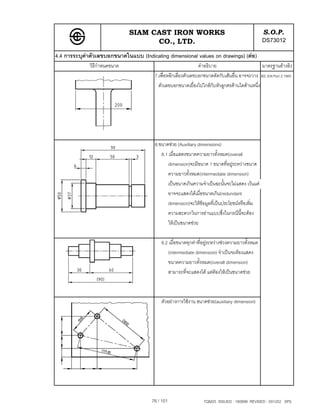 SIAM CAST IRON WORKS                                              S.O.P.
                                     CO., LTD.                                                   DS73012
4.4 การระบุคาตัวเลขบอกขนาดในแบบ (Indicating dimensional values on drawings) (ตอ)
              วิธีกําหนดขนาด                                    คําอธิบาย                      มาตรฐานอางอิง
                                        7.เพื่อหลีกเลี่ยงตัวเลขบอกขนาดตัดกับเสนอื่น อาจจะวาง BS 308:Part 2:1985
                                          ตัวเลขบอกขนาดเยื่องไปใกลกับหัวลูกศรดานใดดานหนึ่ง




                                        8.ขนาดชวย (Auxiliary dimensions)
                                           8.1 เมื่อแสดงขนาดความยาวทั้งหมด(overall
                                              dimension)จะมีขนาด 1 ขนาดที่อยูระหวางขนาด
                                              ความยาวทั้งหมด(intermediate dimension)
                                              เปนขนาดเกินความจําเปนฉะนั้นจะไมแสดง เวนแต
                                              อาจจะแสดงไดเมื่อขนาดเกิน(redundant
                                              dimension)จะใหขอมูลที่เปนประโยชนหรือเพิ่ม
                                              ความสะดวกในการอานแบบซึ่งในกรณีนี้จะตอง
                                              ใหเปนขนาดชวย

                                           8.2 เมื่อขนาดทุกคาที่อยูระหวางชวงความยาวทั้งหมด
                                              (intermediate dimension) จําเปนจะตองแสดง
                                              ขนาดความยาวทั้งหมด(overall dimension)
                                              สามารถที่จะแสดงได แตตองใหเปนขนาดชวย



                                           ตัวอยางการใชงาน ขนาดชวย(auxiliary dimension)




                                       76 / 101                  TQM25 ISSUED : 180898 REVISED : 091202 SPS
 