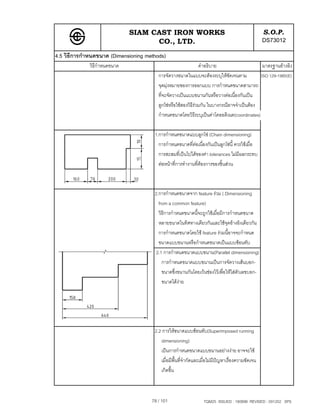 SIAM CAST IRON WORKS                                                S.O.P.
                                    CO., LTD.                                                     DS73012
4.5 วิธีการกําหนดขนาด (Dimensioning methods)
             วิธีกําหนดขนาด                                     คําอธิบาย                     มาตรฐานอางอิง
                                         การจัดวางขนาดในแบบจะตองระบุใหชัดเจนตาม            ISO 129-1985(E)
                                         จุดมุงหมายของการออกแบบ การกําหนดขนาดสามารถ
                                         ที่จะจัดวางเปนแบบขนานกันหรือวางตอเนื่องกันเปน
                                         ลูกโซหรือใชสองวิธีรวมกัน ในบางกรณีอาจจําเปนตอง
                                         กําหนดขนาดโดยวิธีระบุเปนคาโคออดิเนต(coordinates)

                                       1.การกําหนดขนาดแบบลูกโซ (Chain dimensioning)
                                         การกําหนดขนาดที่ตอเนื่องกันเปนลูกโซน้ี ควรใชเมื่อ
                                         การสะสมที่เปนไปไดของคา tolerances ไมมีผลกระทบ
                                         ตอหนาที่การทํางานที่ตองการของชิ้นสวน



                                       2.การกําหนดขนาดจาก feature รวม ( Dimensioning
                                         from a common feature)
                                         วิธีการกําหนดขนาดนี้จะถูกใชเมื่อมีการกําหนดขนาด
                                         หลายขนาดในทิศทางเดียวกันและใชจุดอางอิงเดียวกัน
                                         การกําหนดขนาดโดยใช feature รวมนี้อาจจะกําหนด
                                         ขนาดแบบขนานหรือกําหนดขนาดเปนแบบซอนทับ
                                        2.1 การกําหนดขนาดแบบขนาน(Parallel dimensioning)
                                           การกําหนดขนาดแบบขนานเปนการจัดวางเสนบอก-
                                           ขนาดซึ่งขนานกันโดยเวนชองไวเพื่อใหใสตัวเลขบอก-
                                           ขนาดไดงาย




                                       2.2 การใหขนาดแบบซอนทับ(Superimposed running
                                          dimensioning)
                                          เปนการกําหนดขนาดแบบขนานอยางงาย อาจจะใช
                                          เมื่อมีพ้นที่จํากัดและเมื่อไมมีปญหาเรื่องความชัดเจน
                                                   ื
                                          เกิดขึ้น



                                      78 / 101                    TQM25 ISSUED : 180898 REVISED : 091202 SPS
 