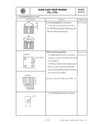 SIAM CAST IRON WORKS                                                     S.O.P.
                                        CO., LTD.                                                          DS73012
4.11 การกําหนดขนาดรู (Size of holes)
               วิธีกําหนดขนาด                                     คําอธิบาย                                มาตรฐานอางอิง
                                        1.การกําหนดขนาดรูผายปาก (Countersink)                    ISO 129-1985(E)
                                            การกําหนดขนาด countersinks สามารถกําหนด
                                          ได 2 วิธีคือ ใหขนาดเสนผาศูนยกลางที่ผิวและมุม หรือ
                                          ใหขนาดความลึกและมุมดังแสดงในรูป




                                        2.วิธีการกําหนดขนาดรูแสดงดังรูป                        BS 308 Part2:1985
                                            2.1 กรรมวิธีการผลิต เชน drill(เจาะ), punch(ตอก), JIS B 0001-1985
                                            cast(หลอ), ream(ควาน) ฯลฯ ไมตองกําหนด ยกเวนมี
                                            ความจําเปนตองาน
                                            ความลึกของรูเจาะเมื่อกําหนดขนาดอยูในรูปแบบของ
                                            คําสั่ง( instructions) จะหมายถึงความลึกของชอง
                                            ทรงกระบอกของรูแตไมไดหมายถึงจุดปลายแหลมของ
                                            รูเจาะ ยกเวนการระบุในกรณีอื่นๆ

                                        หมายเหตุ ตามสากลนิยมถาไมจําเปนตองละเวนการใชคําวา " hole "




                                            2.2 ในกรณีเปนรูที่ทะลุไมตองแสดงความลึกของรู




                                       87 / 101                      TQM25 ISSUED : 180898 REVISED : 091202 SPS
 