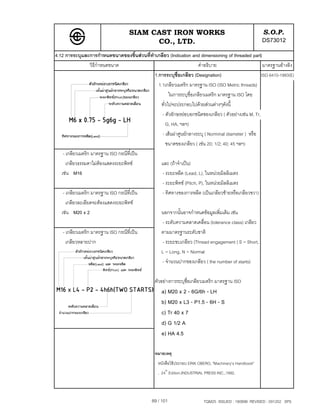 SIAM CAST IRON WORKS                                                S.O.P.
                                          CO., LTD.                                                     DS73012
4.12 การระบุและการกําหนดขนาดของชิ้นสวนที่ทําเกลียว (Indication and dimensioning of threaded part)
                  วิธีกําหนดขนาด                                     คําอธิบาย                        มาตรฐานอางอิง
                                             1.การระบุชื่อเกลียว (Designation)                       ISO 6410-1993(E)
                                               1.1เกลียวเมตริก มาตรฐาน ISO (ISO Metric threads)
                                                     ในการระบุชื่อเกลียวเมตริก มาตรฐาน ISO โดย
                                                ทั่วไปจะประกอบไปดวยสวนตางๆดังนี้
                                                 - ตัวอักษรยอบอกชนิดของเกลียว ( ตัวอยางเชน M, Tr,
                                                   G, HA, ฯลฯ)
                                                 - เสนผาศูนยกลางระบุ ( Norminal diameter ) หรือ
                                                   ขนาดของเกลียว ( เชน 20; 1/2; 40; 45 ฯลฯ)
    - เกลียวเมตริก มาตรฐาน ISO กรณีที่เปน
      เกลียวธรรมดาไมตองแสดงระยะพิทช          และ (ถาจําเปน)
   เชน M16                                      - ระยะหลีด (Lead, L), ในหนวยมิลลิเมตร
                                                 - ระยะพิทช (Pitch, P), ในหนวยมิลลิเมตร
    - เกลียวเมตริก มาตรฐาน ISO กรณีที่เปน       - ทิศทางของการหลีด (เปนเกลียวซายหรือเกลียวขวา)
      เกลียวละเอียดจะตองแสดงระยะพิทช
   เชน M20 x 2                                 นอกจากนั้นอาจกําหนดขอมูลเพิ่มเติม เชน
                                                 - ระดับความคลาดเคลื่อน (tolerance class) เกลียว
    - เกลียวเมตริก มาตรฐาน ISO กรณีที่เปน      ตามมาตรฐานระดับชาติ
      เกลียวหลายปาก                              - ระยะขบเกลียว (Thread engagement ) S = Short,
                                                L = Long, N = Normal
                                                 - จํานวนปากของเกลียว ( the number of starts)

                                                ตัวอยางการระบุชื่อเกลียวเมตริก มาตรฐาน ISO
                                                    a) M20 x 2 - 6G/6h - LH
                                                    b) M20 x L3 - P1.5 - 6H - S
                                                    c) Tr 40 x 7
                                                    d) G 1/2 A
                                                    e) HA 4.5

                                                หมายเหตุ
                                                  หนังสือใชประกอบ ERIK OBERG, "Machinery's Handbook"
                                                      th
                                                  , 24 Edition,INDUSTRIAL PRESS INC.,1992.



                                               89 / 101                   TQM25 ISSUED : 180898 REVISED : 091202 SPS
 