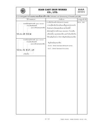 SIAM CAST IRON WORKS                                            S.O.P.
                                         CO., LTD.                                                DS73012
4.12 การระบุและการกําหนดขนาดของชิ้นสวนที่ทําเกลียว (Indication and dimensioning of threaded part) (ตอ)
               วิธีกําหนดขนาด                                        คําอธิบาย                     มาตรฐานอางอิง
                                             1.3 เกลียววิทเวอรท (Whitworth threads)               BS 84 : 1956
                                               การระบุชื่อเกลียววิทเวอรทแบบพื้นฐานจะประกอบไป
                                               ดวยสวนตางๆโดยแสดงเรียงตามลําดับดังนี้
                                               เสนผาศูนยกลางหลัก(major diameter), จํานวนฟน-
                                               เกลียวตอนิ้ว, อนุกรมของเกลียว และถาเปนเกลียวซาย
                                               ใหระบุสัญลักษณ LH ตอจากสัญลักษณอนุกรมเกลียว

                                                  สัญลักษณอนุกรมเกลียว
                                                  B.S.W. : British Standard Whitworth series
                                                  B.S.F. : British Standard Fine series




                                              91 / 101                 TQM25 ISSUED : 180898 REVISED : 091202 SPS
 