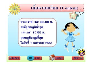 จากกราฟ เวลา 06.00 น.
จะมีอณหภูมต่ําสุด
     ุ      ิ
และเวลา 15 00 น
          15.00 น.
อุณหภูมิจะสูงที่สด
                 ุ
ในวันที่ 1 มกราคม 2551


     ESC
 