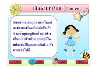 นอกจากอุณหภูมอากาศในแต
                 ิ
ละชวงของวัันจะไมเทากััน คือ
                ไ               ื
ชวงเชาอุณหภูมจะตากวาชวง
ชวงเชาอณหภมิจะต่ํากวาชวง
เที่ยงและชวงบาย อุณหภูมิใน
แตละชวงปแตกตางกันดวย ดัง
กราฟตอไปน
กราฟตอไปนี้

              ESC
 