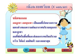 ชนิดของลม
ลมภูเขา ลมหุบเขา เปนลมที่เกิิดจากความ
                    ป    ี
แตกตางของความดนอากาศบรเวณหุบเขา
แตกตางของความดันอากาศบริเวณหบเขา
และภูเขา
ลมที่พดในพื้นที่และสงผลกระทบในบริเวณ
      ั
กวาง ไดแก ลมสนคา และลมมรสุม
กวาง ไดแก ลมสินคา และลมมรสม

          ESC
 