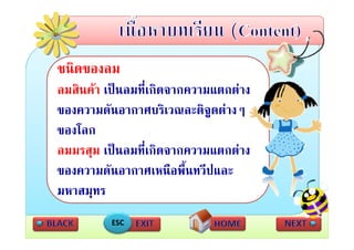 ชนดของลม
ชนิดของลม
ลมสินคา เปนลมที่เกิดจากความแตกตาง
ของความดันอากาศบริเวณละติจดตางๆ
                             ู
ของโลก
   โ
ลมมรสุม เปนลมทเกดจากความแตกตาง
ลมมรสม เปนลมที่เกิดจากความแตกตาง
ของความดันอากาศเหนือพื้นทวีปและ
มหาสมุทร
          ESC
 