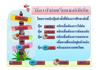 ปุ
      ปม          คลกเมอตองการไปตอ
                   คลิกเมื่อตองการไปตอ
      ปุม         คลิกเมื่อตองการยอนกลับ
      ปุม         คลิกเมื่อตองการออกจาก
                   เนอหาเพอกลบสู นาหลก
                   เนื้อหาเพื่อกลับสหนาหลัก
      ปุม   ESC   คลิกออกจากบทเรียน


ESC
 