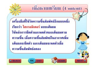 เครื่องมือที่ใชวัดความชื้นสัมพัทธอีกแบบหนึ่ง
เรยกวา ไฮกรอมเตอร แบบเสนผม
เรียกวา ไฮกรอมิเตอร แบบเสนผม
ใชหลักการยืดตัวและหดตัวของเสนผมตาม
ความชื้น เมื่อความชื้นสัมพัทธในอากาศเพิ่ม
เสนผลจะยืดตัว และเสนผมจะหดตัวเมื่อ
             ื ั                     ั ื
ความชนสมพทธลดลง
ความชื้นสัมพัทธลดลง

              ESC
 