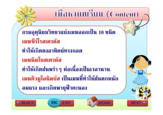 กรมอตนิยมวิทยาแบงเมฆออกเปน 10 ชนิด
กรมอุตุนยมวทยาแบงเมฆออกเปน ชนด
เมฆซีรโรสเตรตัส
ทําใหเกิดดงอาทิตยทรงกลด
เมฆนิิมโบสเตรตัส
        โ       ั
ทาใหเกดฝนพราๆ ตอเนื่องเปนเวลานาน
ทําใหเกิดฝนพรําๆ ตอเนองเปนเวลานาน
เมฆคิวมูโลนิมบัส เปนเมฆที่ทาใหฝนตกหนัก
                            ํ
ลมแรง และเกิดพายุฟาคะนอง
            ESC
 