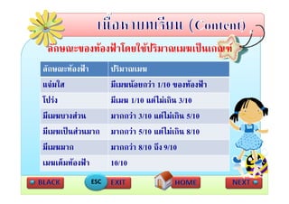ลักษณะของทองฟาโดยใชปริมาณเมฆเปนเกณฑ
ลักษณะทองฟา      ปริมาณเมฆ
แจมใส             มีเมฆนอยกวา 1/10 ของทองฟา
โปรง
โปรง              มีเมฆ 1/10 แตไมเกิน 3/10
                   มเมฆ       แตไมเกน
มีเมฆบางสวน       มากกวา 3/10 แตไมเกิน 5/10
มีเมฆเปนสวนมาก   มากกวา 5/10 แตไมเกิน 8/10
มเมฆมาก
มีเมฆมาก           มากกวา 8/10 ถึง 9/10
                   มากกวา       ถง
เมฆเต็มทองฟา     10/10
             ESC
 