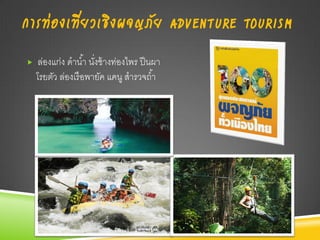 การท่องเที่ยวเชิงผจญภัย ADVENTURE TOURISM
    ล่องแก่ง ดาน ้า นังช้ างท่องไพร ปี นผา
                       ่
    โรยตัว ล่องเรื อพายัค แคนู สารวจถ ้า
 