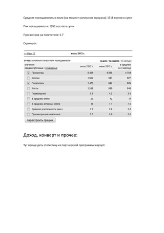 Средняя посещаемость в июле (на момент написания мануала): 1518 хостов в сутки

Пик посещаемости: 1951 хостов в сутки

Просмотров на посетителя: 5.7

Скриншот:




Доход, конверт и прочее:
Тут проще дать статистику из партнерской программы wapsyst:
 